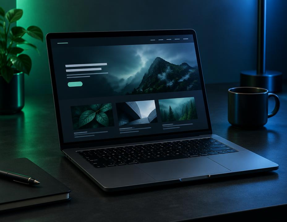 Notebook com uma composição ilustrativa de website, em ambiente de criação digital